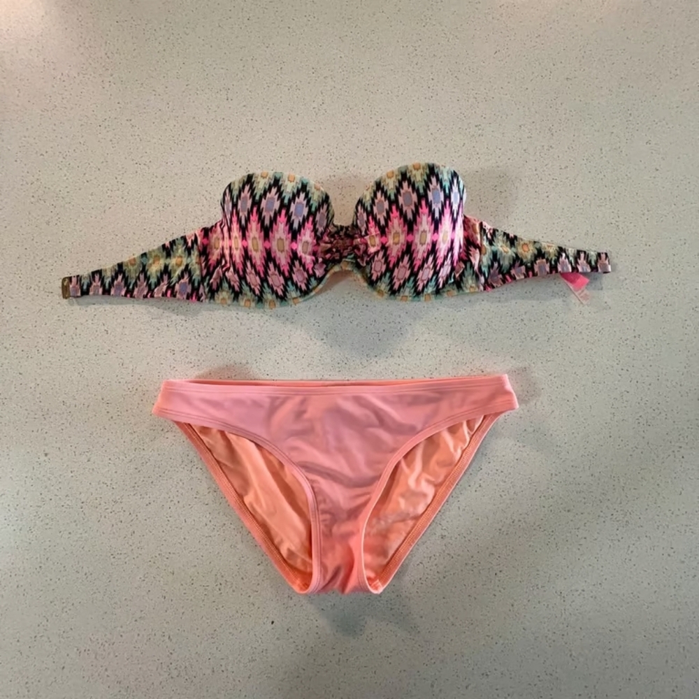 Aerie Multicolor Patterned Bikini with Pink Bottoms